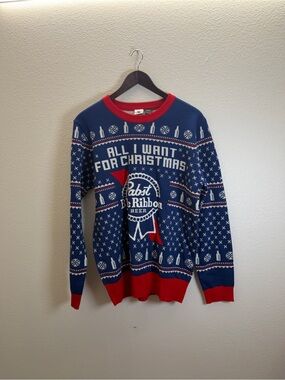 Pabst Blue Ribbon Men's Navy & Red Crewneck Holiday Sweater